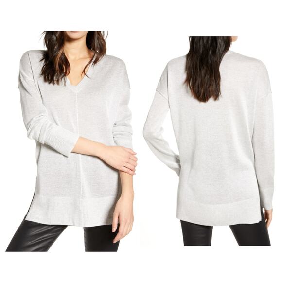 Chelsea28 V Neck Metallic Pullover Sweater Long Sleeve Grey Silver XS - Picture 1 of 9